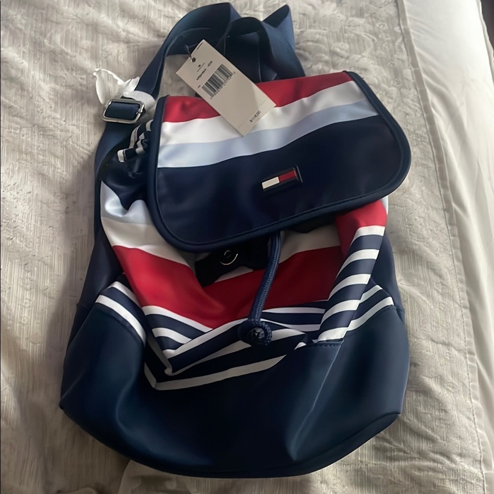 Tommy Hilfiger Blue and Red Backpack with Signature Design